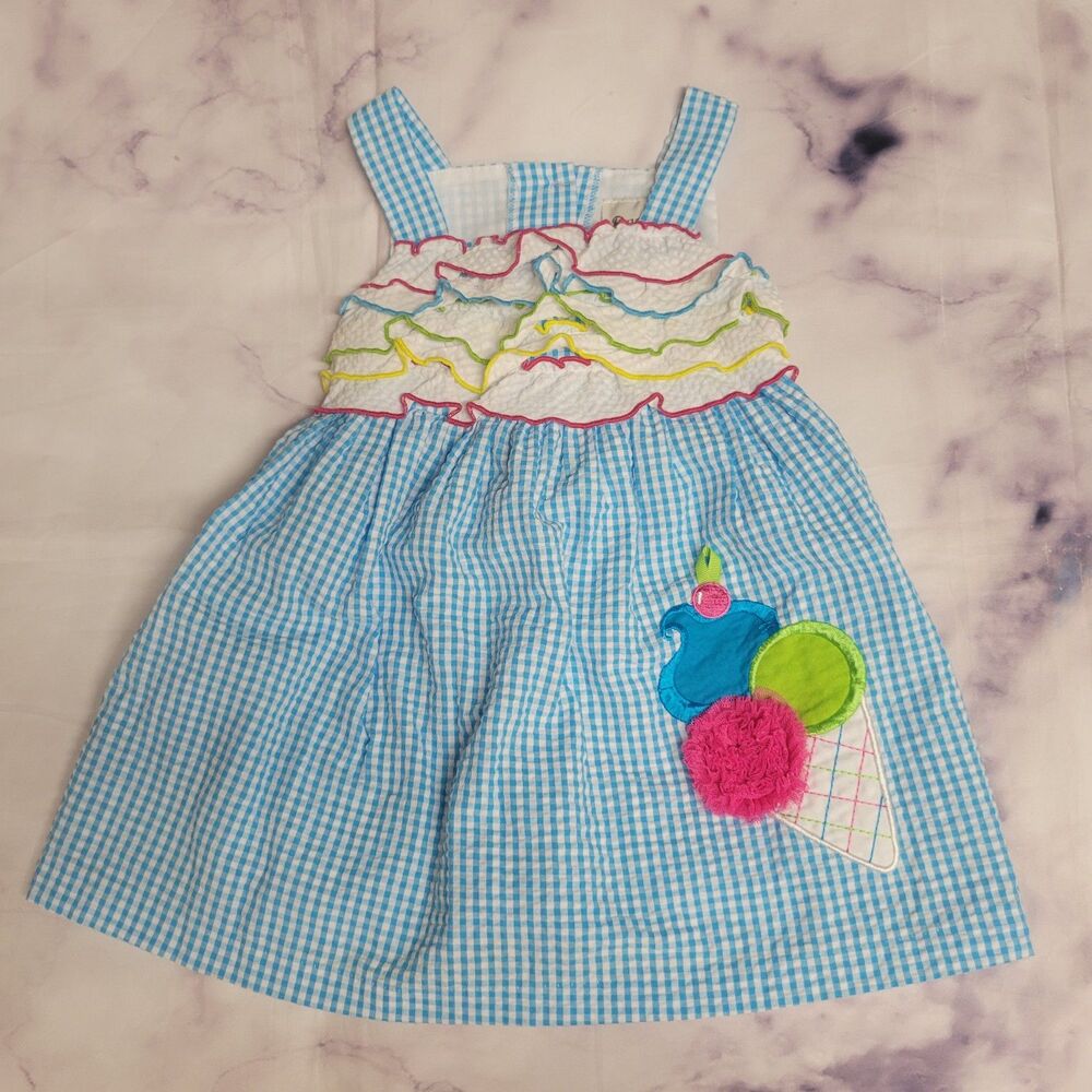 Rare, Too! Blue Gingham Seersucker Ice Cream Patch Ruffle Dress 2T